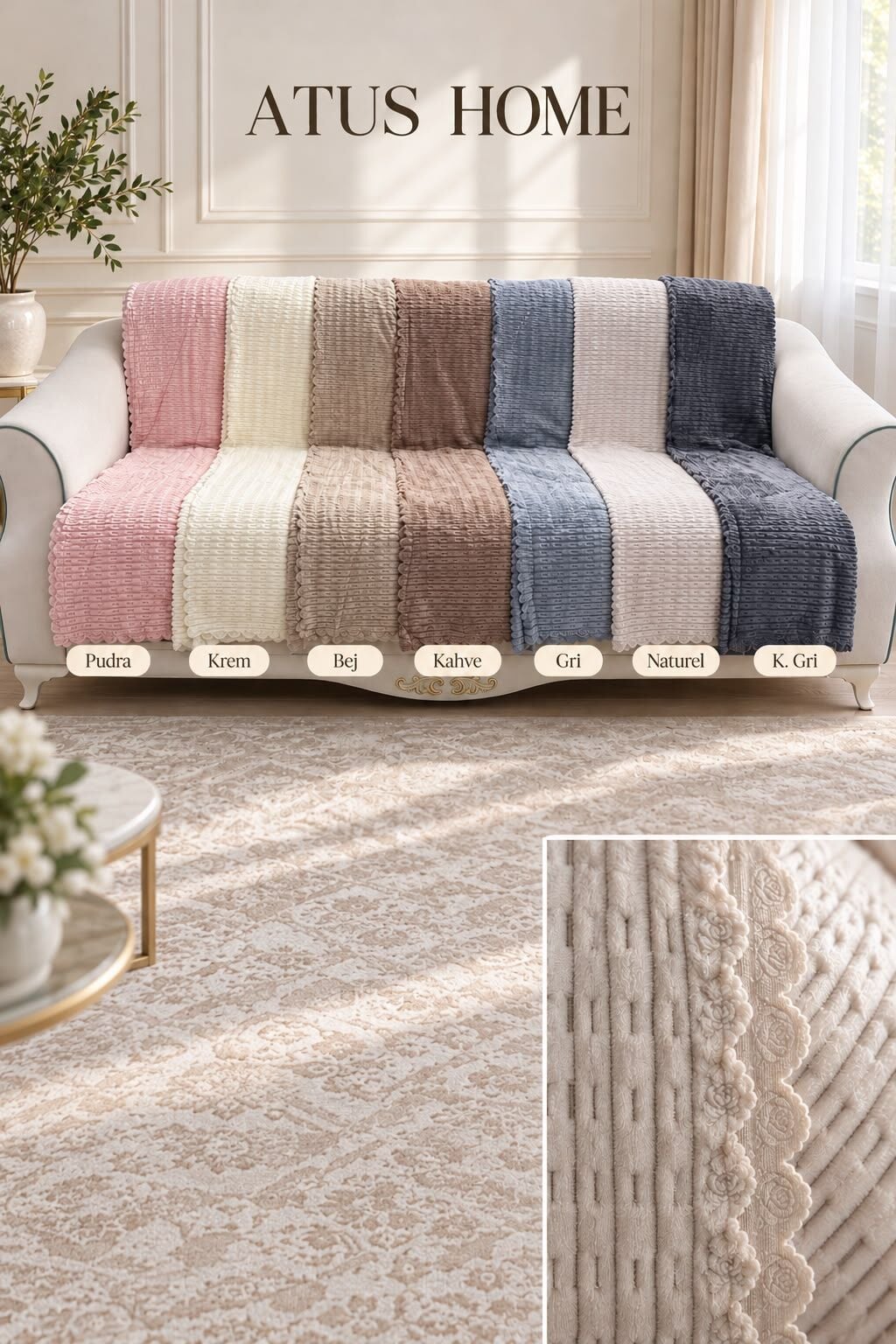 Kaymaz Tabanlı Kabartmalı Şerit Peluş Çok Amaçlı Örtü