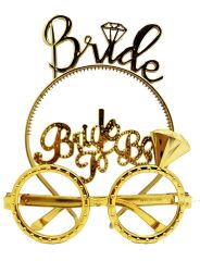 Bride Yazılı Taç ve Bride To Be Yazılı Gözlük Seti - Altın Renk