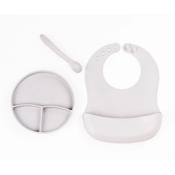 Gri 3’lü Silikon Yemek Seti – Önlük + Diş Kaşıyıcılı Kaşık + Vakumlu Tabak