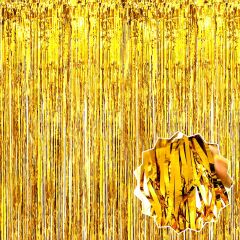 Ekstra Metalize Parlak Saçaklı Arka Fon Perde Gold