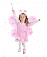 Pembe Kelebek Kız Seti – 50 cm Kelebek Kanadı, Taç ve Asa