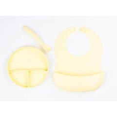 Sarı 3’lü Silikon Yemek Seti – Önlük + Diş Kaşıyıcılı Kaşık + Vakumlu Tabak