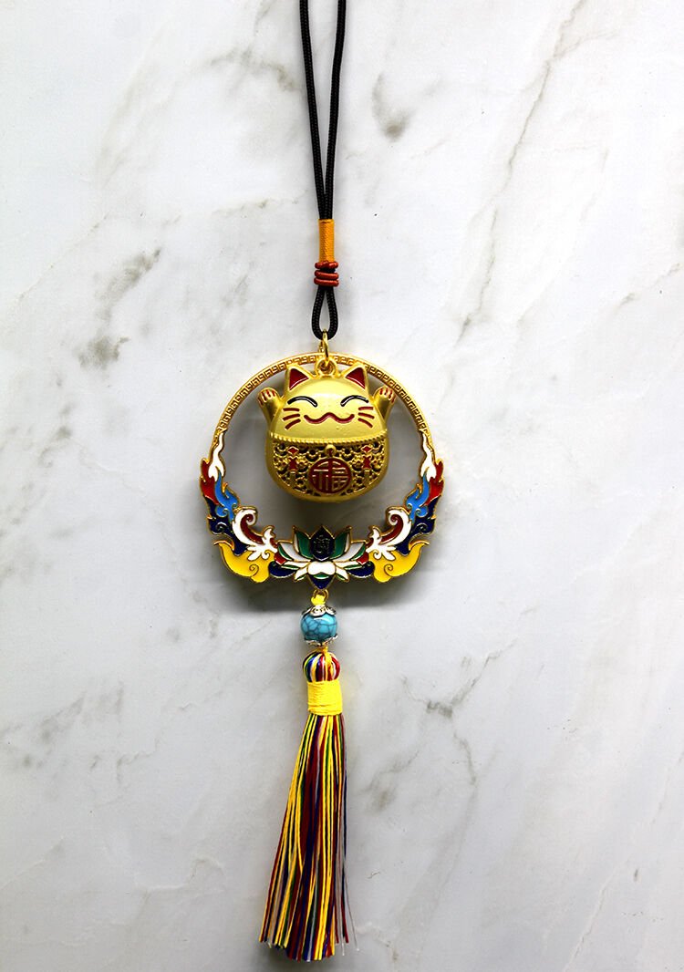 Renkli Püsküllü Şans Kedisi Feng Shui Askılık