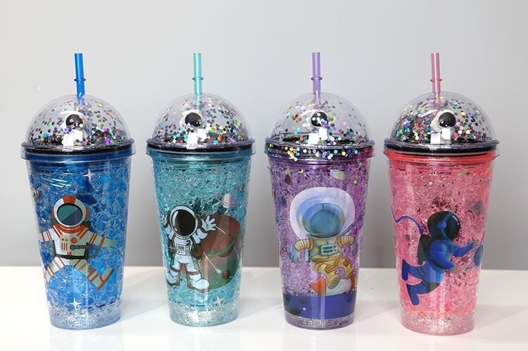 Sevimli Astronot Pipetli Işıklı Pullu Suluk Bardak 400 ml