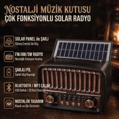 Solar Panelli FM Radyo - Şarjlı - Bluetooth Özellikli - AUX Girişli - Nostaljik Tasarım