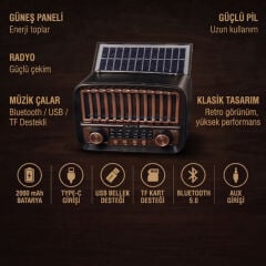 Solar Panelli FM Radyo - Şarjlı - Bluetooth Özellikli - AUX Girişli - Nostaljik Tasarım
