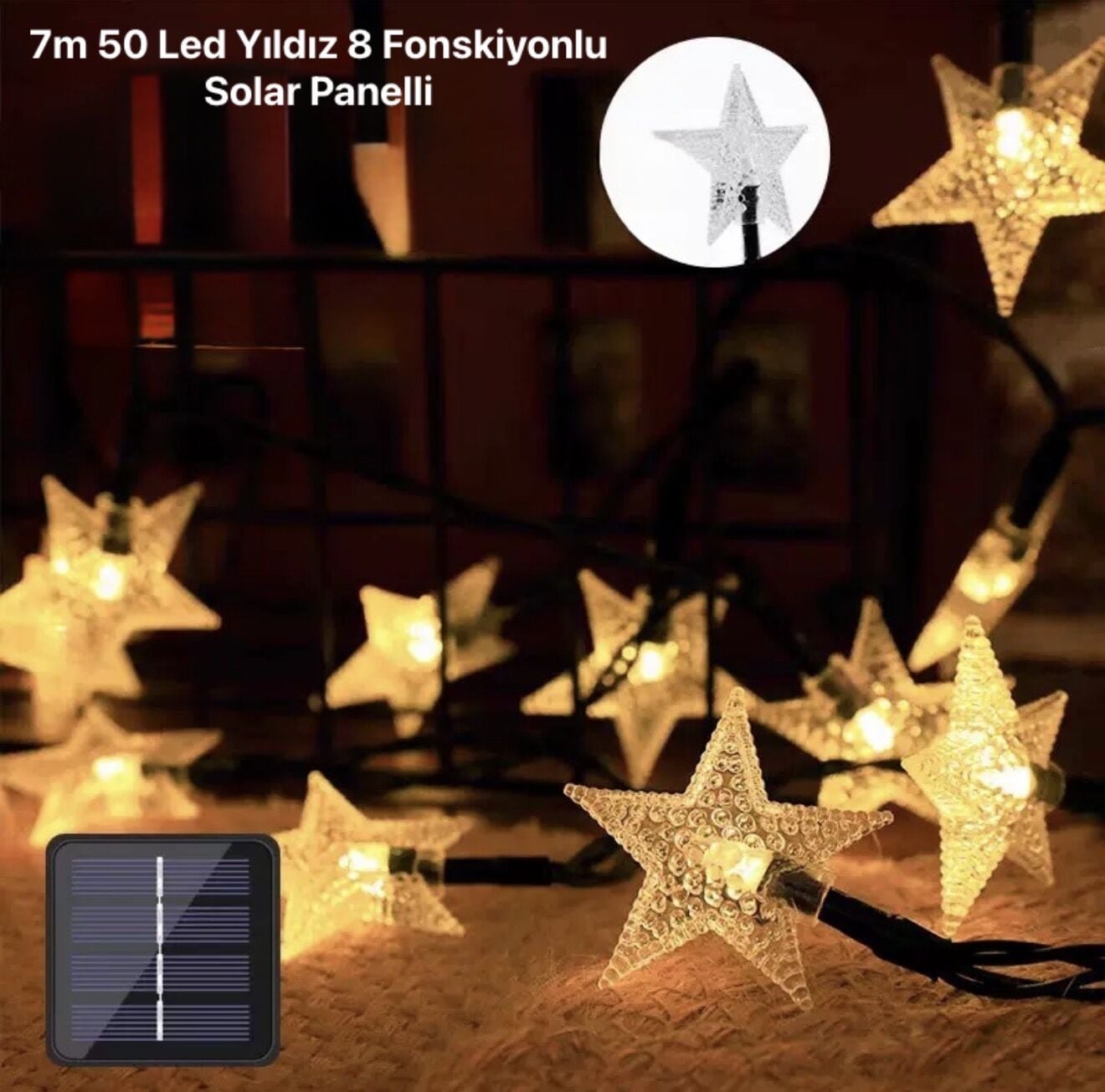 7 Metre 50 Led Yıldız 8 Fonksiyonlu Solar Panelli-Gün Işığı