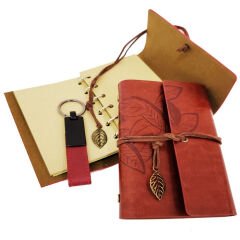 Toptan Özel Ahşap Kutulu Kahve Deri Defter ve Anahtarlık Set