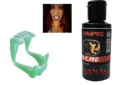 Fosforlu Çift Damak Takma Vampir Dişi ve 50 gr Tiyatro Kanı Set
