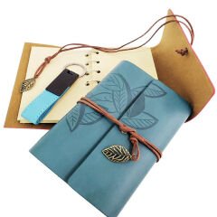 Toptan Özel Ahşap Kutulu Mavi Deri Defter ve Anahtarlık Set
