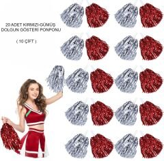 Kırmızı Gümüş Metalik Dolgun Gösteri Ponponu - 20 Adet (10 Çift)