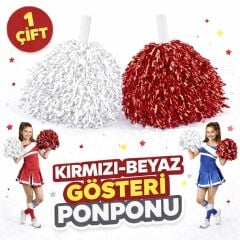 2 Adet Kırmızı - Beyaz Renk Okul Gösteri Ponponları Ekstra Dolgun