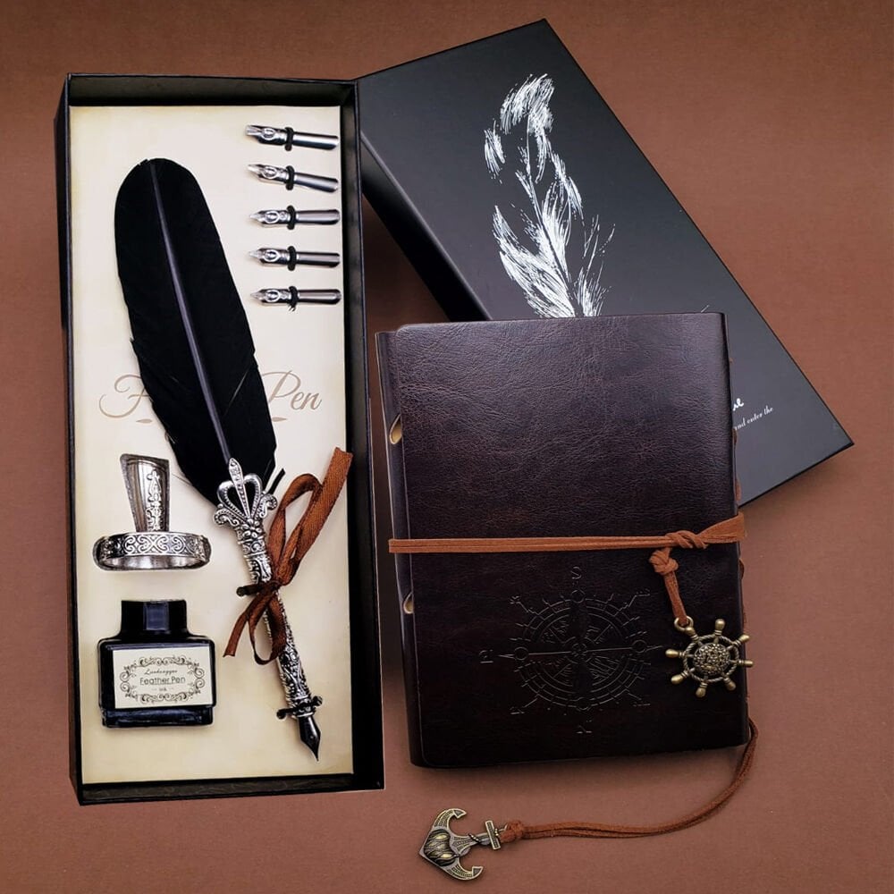 Toptan Tüylü Kalem ve Deri Defter Set