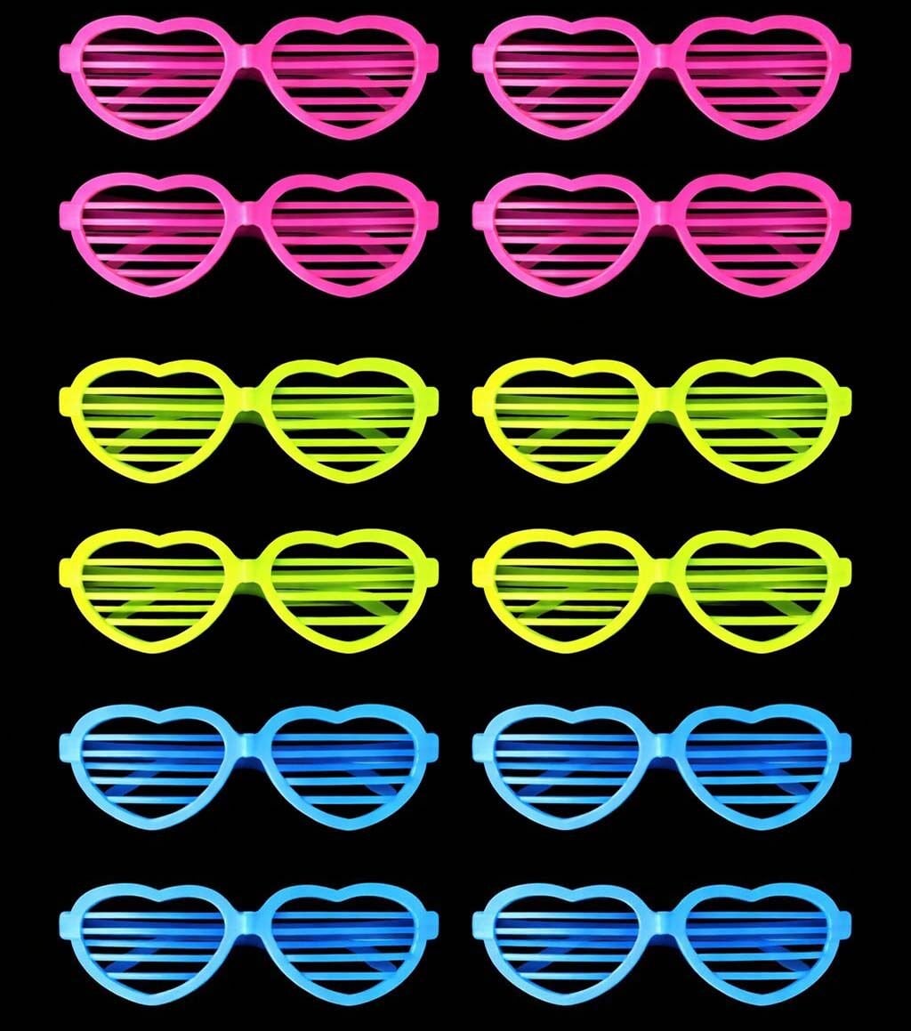 Retro Neon Fosforlu Kalp Panjur Gözlük - 12 Adet