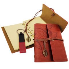 Toptan Ahşap Kutulu Kahve Deri Defter ve Anahtarlık Set