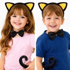 Sarı Kulaklı Kedi Kostüm Seti – Taç, Papyon, Kuyruk