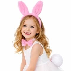 Kız Çocuk Pembe Tavşan Kulaklı Kostüm Seti – Tütü, Taç, Papyon, Ponpon