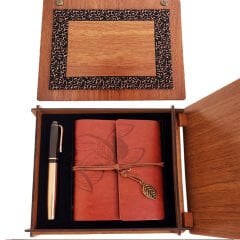 Toptan Ahşap Kutulu Kahve Deri Defter ve Metal Bakır Kalem