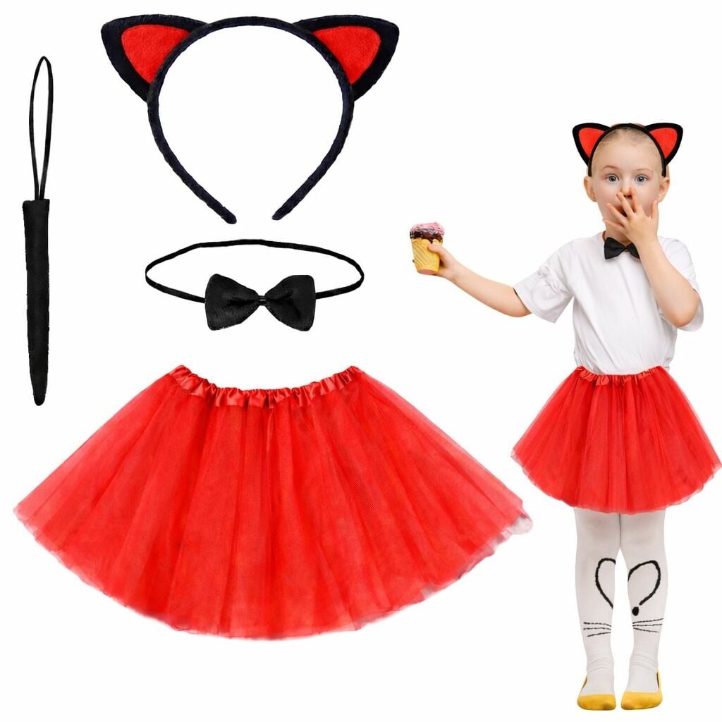 Kırmızı Renk Kedi Kostüm Seti - Tütü, Taç, Papyon, Kuyruk