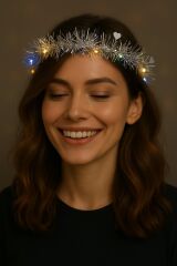 Kalp Püsküllü 3 Modlu LED Işıklı Taç Gümüş Renk