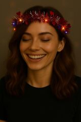 Kalp Püsküllü 3 Modlu LED Işıklı Taç Kırmızı Renk