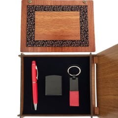 Toptan Ahşap Kutulu Kırmızı Kalem Anahtarlık ve Çakmak Set