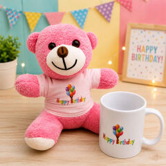 Toptan Happy Birthday Tasarım Pembe Ayıcık ve Kupa Seti