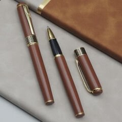 Toptan Gold İşlemeli Kahverengi Metal Roller Kalem