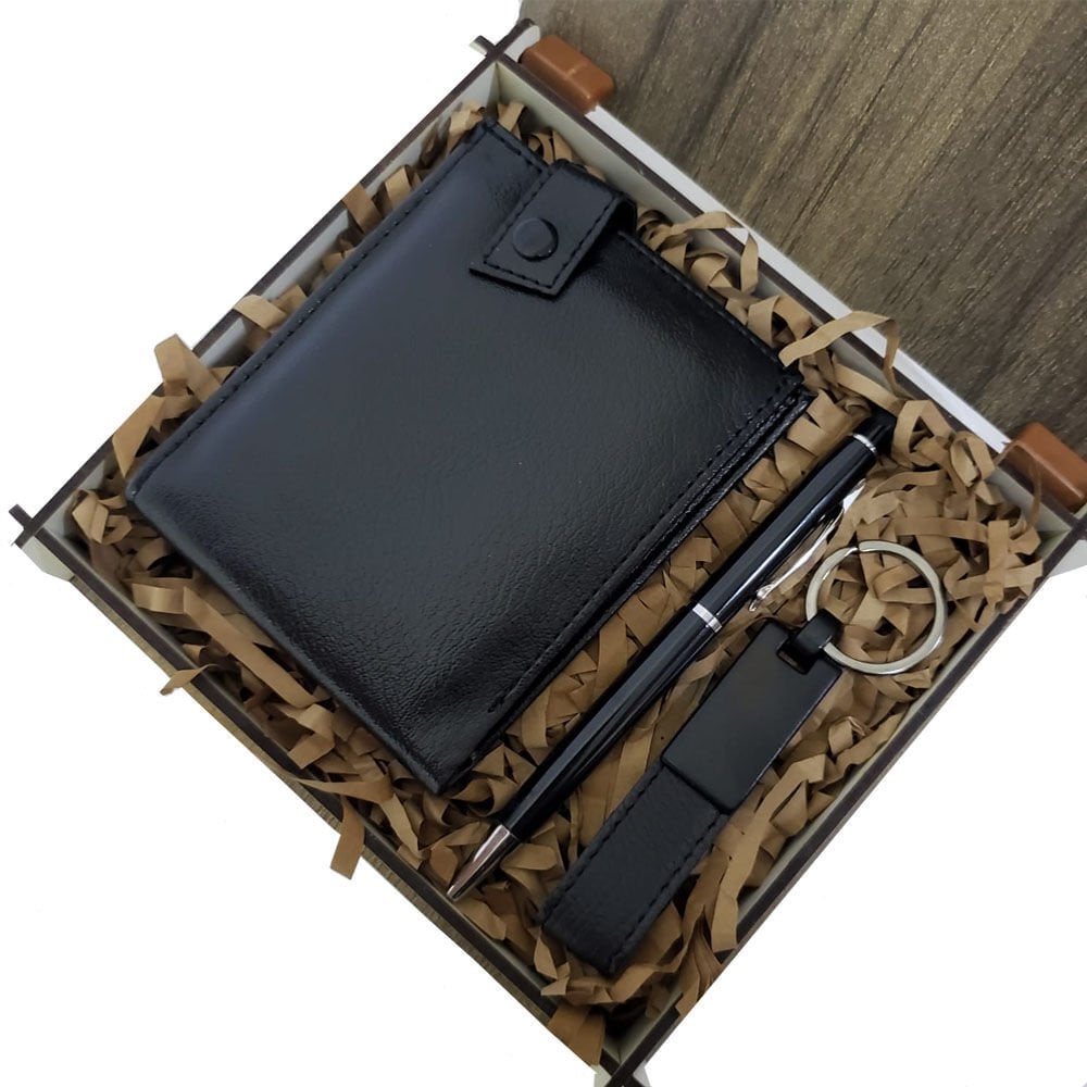 Toptan Ahşap Kutulu Erkeğe 3'lü Kalem Cüzdan Anahtar Hediye Seti