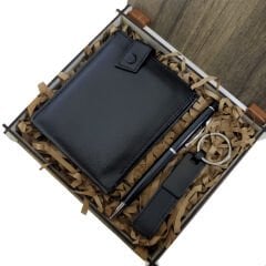 Toptan Ahşap Kutulu Erkeğe 3'lü Kalem Cüzdan Anahtar Hediye Seti