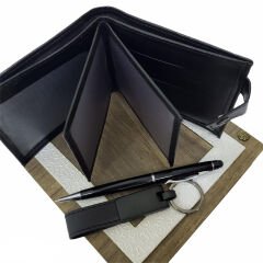 Toptan Ahşap Kutulu Erkeğe 3'lü Kalem Cüzdan Anahtar Hediye Seti