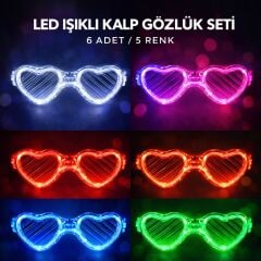 LED Işıklı Kalp Glow Pilli Parti Gözlüğü – 6 Adet / 5 Renk Set