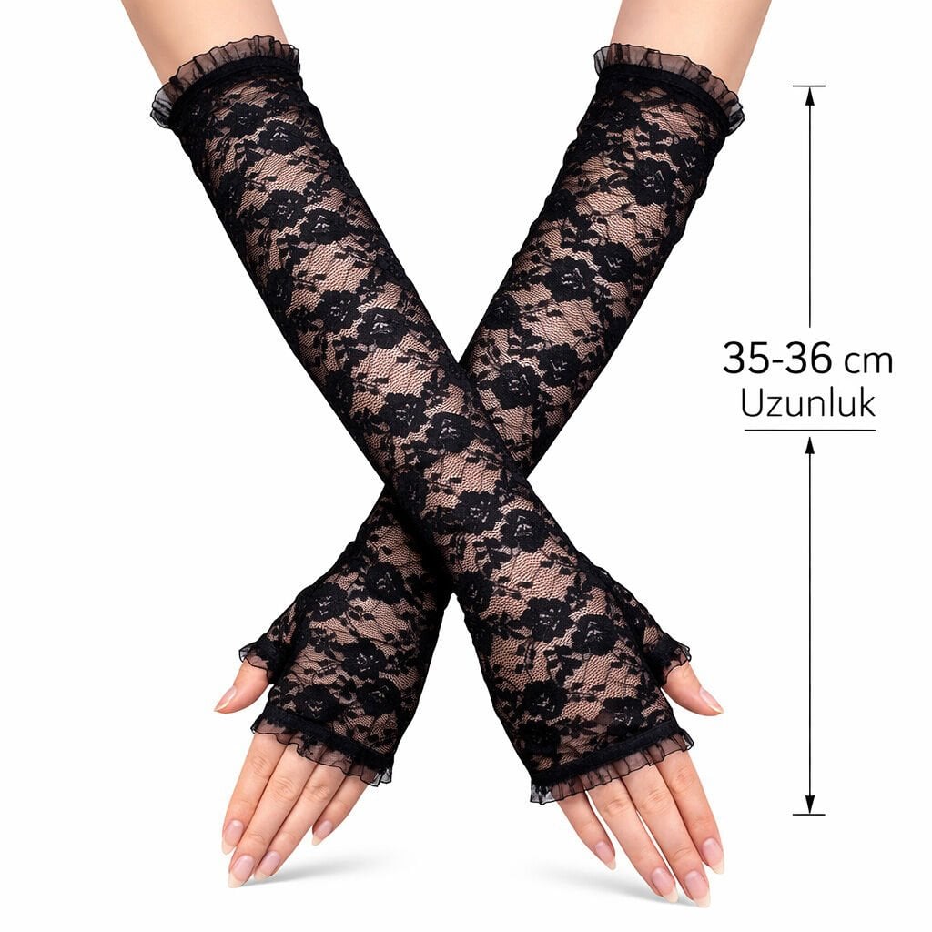 Uzun Zarif Dantel Eldiven Parmaksız Siyah