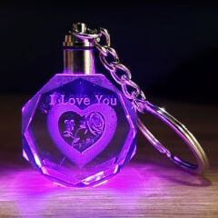 I Love You Kalp İçinde Gül Renk Değiştiren Kristal Anahtarlık
