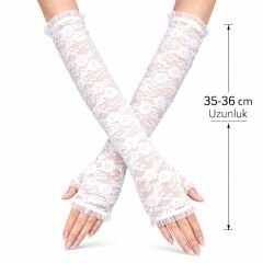 Uzun Zarif Dantel Eldiven Parmaksız Beyaz