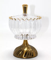 Metal Ayaklı Kristal Cam Şekerlik Gold Detaylı Sunumluk Alk4871