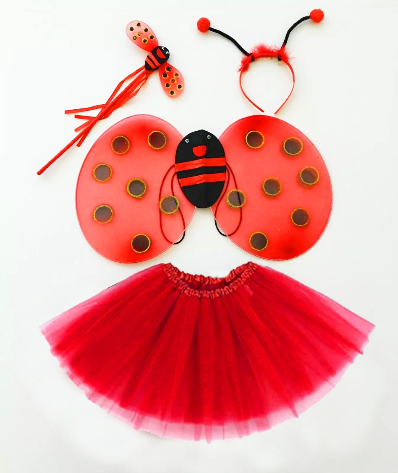 Kırmızı Uğur Böceği Kostüm Seti - Tütü, Kanat, Taç, Asa