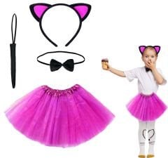 Fuşya Renk Kedi Kostüm Seti - Tütü, Taç, Papyon, Kuyruk