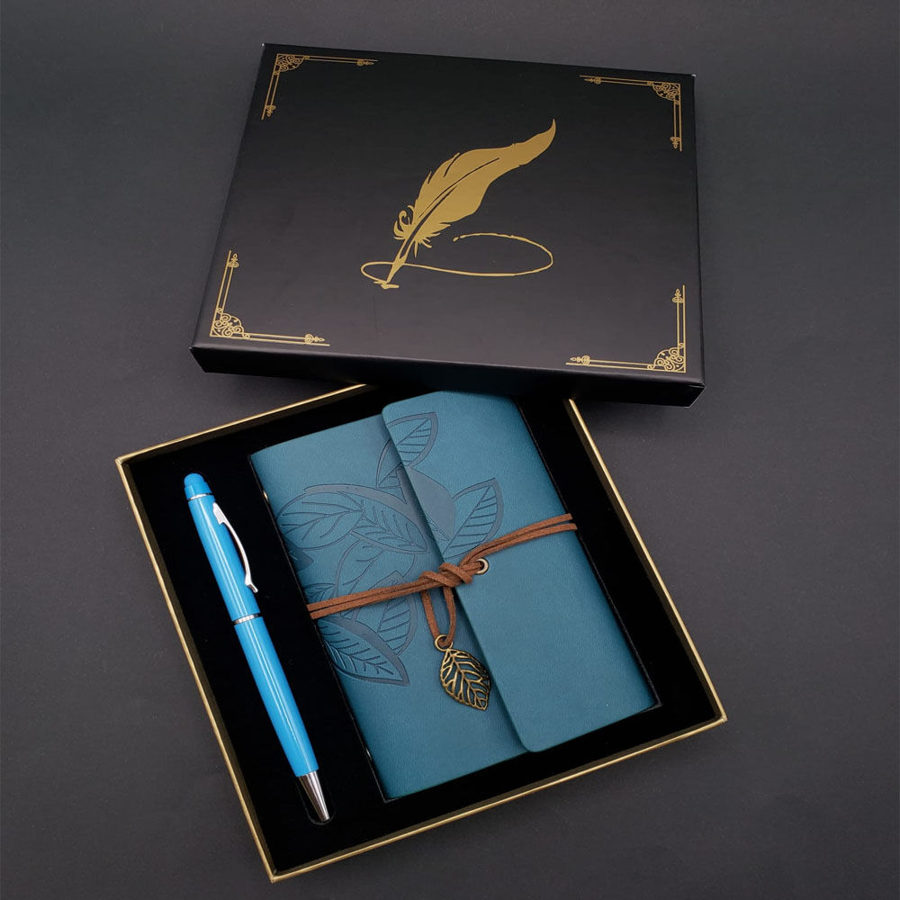 Toptan Metal Kalem ve Mavi Deri Defter