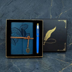 Toptan Metal Kalem ve Mavi Deri Defter