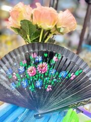 Yelpaze Bambu Çift Taraflı Çiçekli El Boyama Siyah