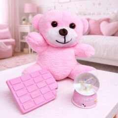 Toptan Pembe Peluş Ayıcık Kar Küresi Ve Pembe Çikolata Not Defteri