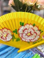 Yelpaze Bambu Çift Taraflı Çiçekli El Boyama Sarı