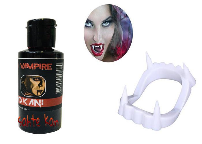 Beyaz Renk Çift Damak Takma Vampir Dişi ve 50 gr Tiyatro Kanı Set