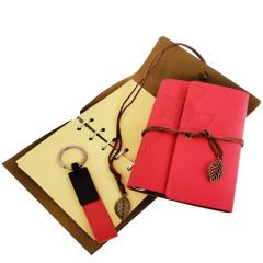 Özel Ahşap Kutulu Kırmızı Deri Defter ve Anahtarlık Seti