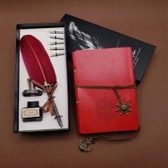 Toptan Tüylü Divit Hokka Kalem ve Pusula Baskılı Defter Set