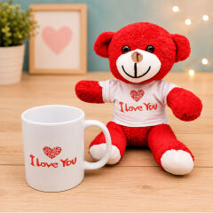 Toptan I Love You Baskılı Kupa ve Kırmızı Ayıcık Seti