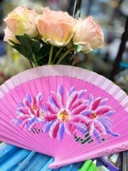 Yelpaze Bambu Çift Taraflı Çiçekli El Boyama Pembe