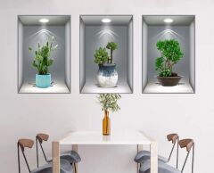 3D Çiçek Vazo Duvar Sticker 3 lü Set GRİ Fon