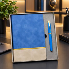 Gold Şeritli Mavi Defter Ve Kalem Seti